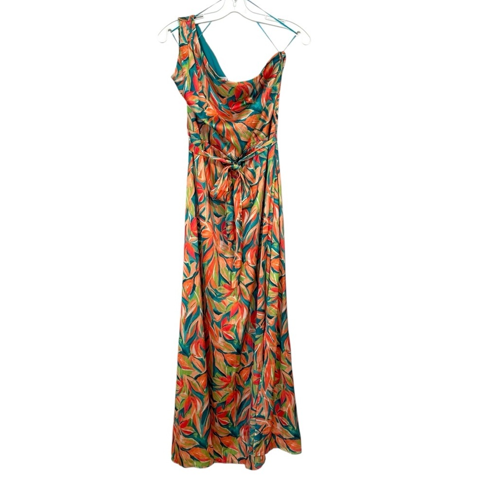 Nicole Miller Tropical Print One-Shoulder Satin Maxi Dress 10 L - Picture 2 of 8